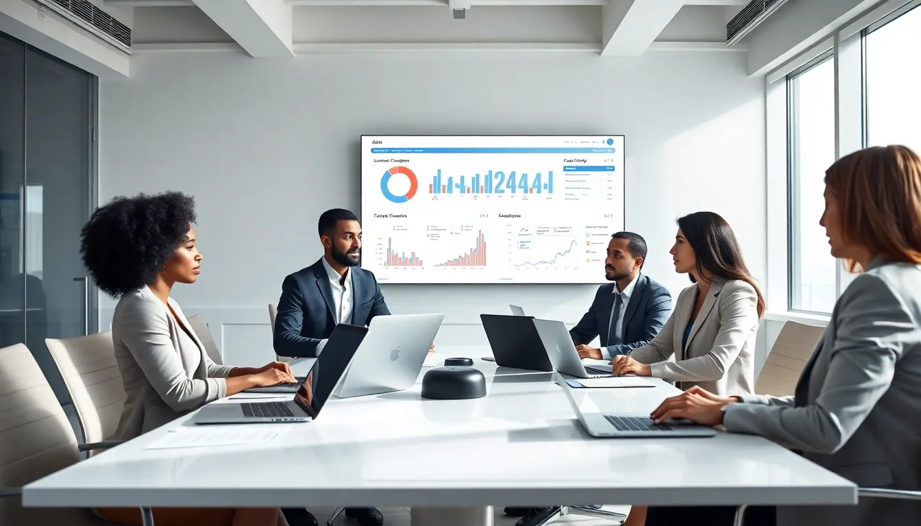 diverse team discussing data management in a modern office setting.